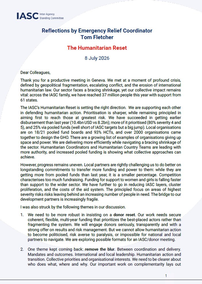 iascch's tweet photo. The Humanitarian Reset is setting the right direction, but progress remains uneven.
#IASC Principals committed to accelerating the Reset: more power to local partners, stronger collective action, and defending humanitarian principles.
The ERC's reflections https://t.co/93fLPF6UQC https://t.co/CcxPvictcp