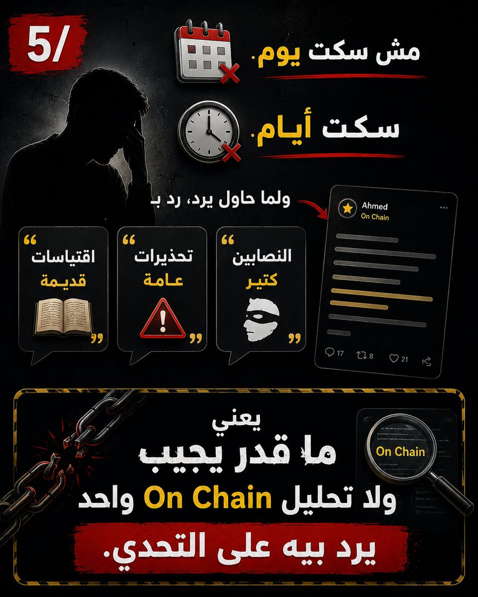 Brono08's tweet photo. 5/

مش سكت يوم.

سكت أيام.

ولما حاول يرد، رد بـ"اقتباسات قديمة" و"تحذيرات عامة" و"النصابين كتير".

يعني ما قدر يجيب ولا تحليل On Chain واحد يرد بيه على التحدي. https://t.co/jrha2svQVT