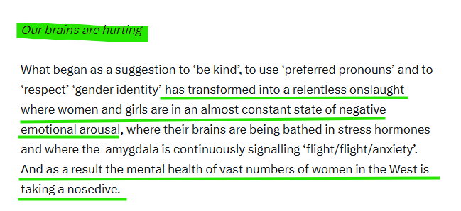 Psychgirl211's tweet photo. 100% this.

I do not care what is going on in a man's head.

I do not care how he perceives himself, or how he 'identifies'.

I do not care if he thinks he's got a "female brain in a male body" - utter cobblers.

It's not my problem.
It's not my daughter's problem.
It's not my mum's problem.

It's not any woman's problem.

We women are not responsible for ensuring the psychological, emotional (or behavioural) regulation of transvestite men. 

We are not responsible for making them feel happy, or validated.

Or, God help us, 'included'.

It's not our flipping job!

And imposing this burden is harming us.

Enough.