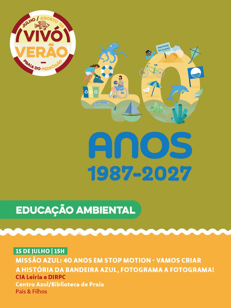 BiblioMunLeiria's tweet photo. 🏖️ BIBLIOTECA DE PRAIA
📅 15 de julho 🕒 15H | Missão Azul: 40 Anos em Stop Motion
👶 Pais & Filhos
ℹ️ Mais info: https://t.co/DiTlLcSO2R
#bibliotecadepraia #praiadopedrogao #bmalv #bibliotecaleiria #verao2026 https://t.co/zsQu9qsPKL