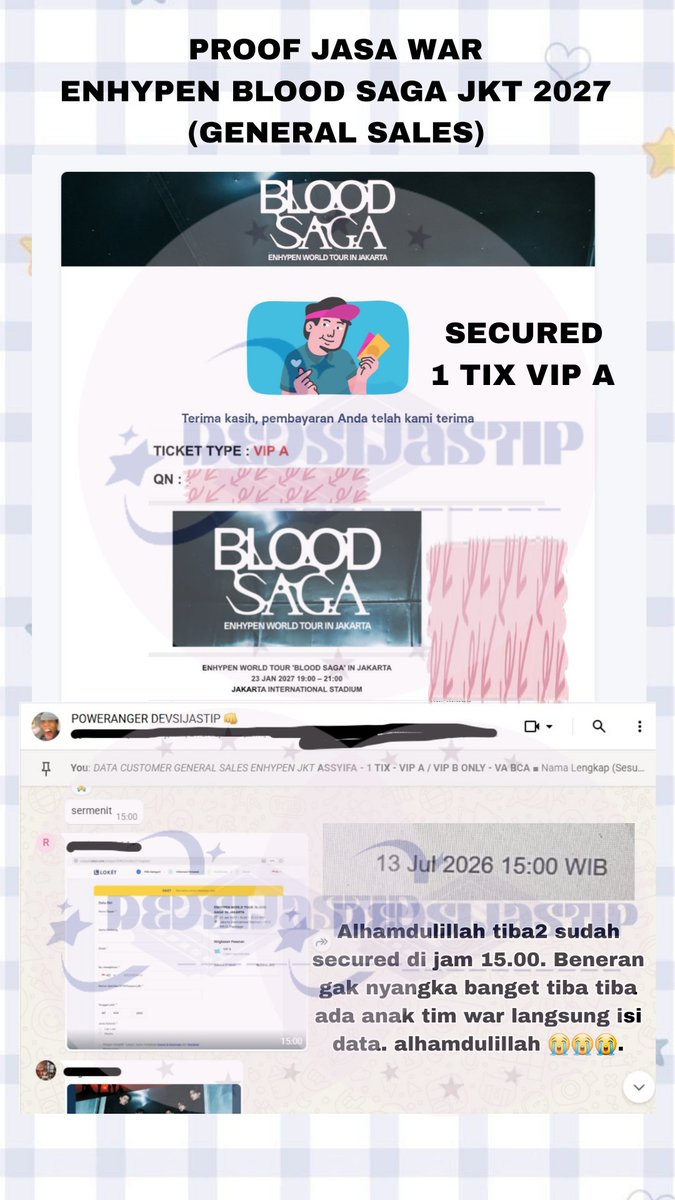 devsijastip's tweet photo. Alhamdulillah banget yang nitip war tiket Enhypen Blood Saga JKT di general sales sudah aman banget dan alhamdulillah bgt tadi anak tim war langsung secured di jam 15.00 huhuh. Rezeki customerπ
#proof_devsijastip
#μνμ΄ν #ENHYPEN #EN_WORLDTOUR_BLOODSAGA #BLOODSAGA_IN_JAKARTA https://t.co/tNRK6XQlGq