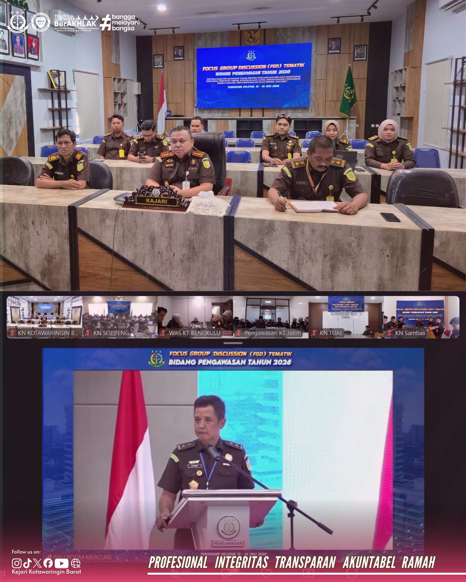 Kejari_Kobar's tweet photo. Senin, (13/07/2026) Kepala Kejaksaan Negeri Kotawaringin Barat, Bapak Dr. Nurwinardi, S.H., M.H. didampingi Kepala Sub Bagian dan Pegawai Bidang Pembinaan telah melaksanakan kegiatan Focus Group Discussion (FGD) Tematik Bidang Pengawasan Tahun 2026 dengan tema https://t.co/2lhLuKmmLa