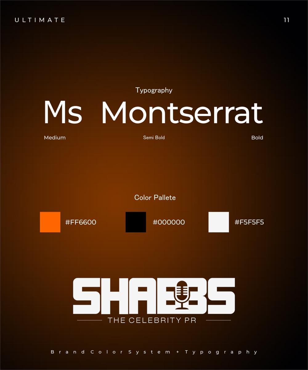 theultimate01_'s tweet photo. 🟠 Day 11 – Brand Color System + Typography

A brand's identity goes beyond its logo. For SHABBS THE CELEBRITY PR, I defined a clean typography system using Montserrat and selected a bold color palette that reflects confidence, visibility, and strong media presence.

#30Days https://t.co/MkVn2iNxUj