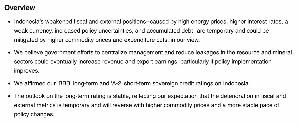 pinkbourbon8898's tweet photo. S&P held Indonesia at BBB stable. Worth saying clearly: that's the one agency of three that did NOT go to negative, after Moody's and Fitch both did. Relative win.

S&P named Indonesia the most vulnerable ASEAN economy if regional conflict persists. The mechanism is energy: rising subsidy spending and a deficit widening on higher oil imports. Two of their three key risks are oil.

This inverts the old thesis. For years the line was "commodity exporter, high energy prices are net positive." Not for oil anymore. Crude exports gone, fuel imports surging, so expensive oil now inflates the subsidy bill and widens the import gap. World Bank already cut 2026 growth to 4.78% on exactly this.

The nuance S&P keeps is that Indonesia can still partially offset. Coal, LNG, CPO revenue is a real hedge. But it's now a partial hedge against a vulnerability it used to fully cover. Oil is the leak. The other commodities are the pump. Net depends on which moves faster.

After the quarter we just had, we'll take it. Breathe a little.