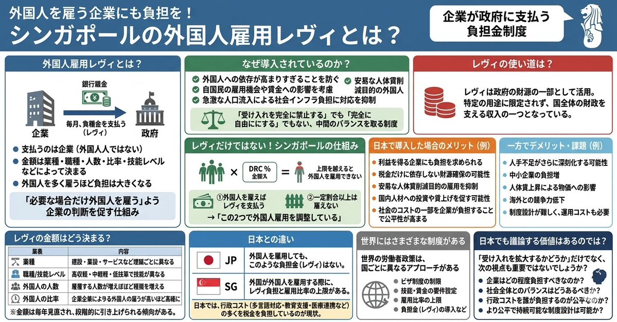 aaosura's tweet photo. シンガポールの「外国人労働者雇用レヴィ（Levy）制度」を知っていますか

この制度は外国人を雇う企業に税金を課す仕組みです。職種や外国人比率に応じて税額が変動するため、企業が安易に安価な外国人に依存することを防ぎ、自国民の雇用を守る政策として機能しています。日本も参考にすべきです。 https://t.co/4OC1pLQbzA