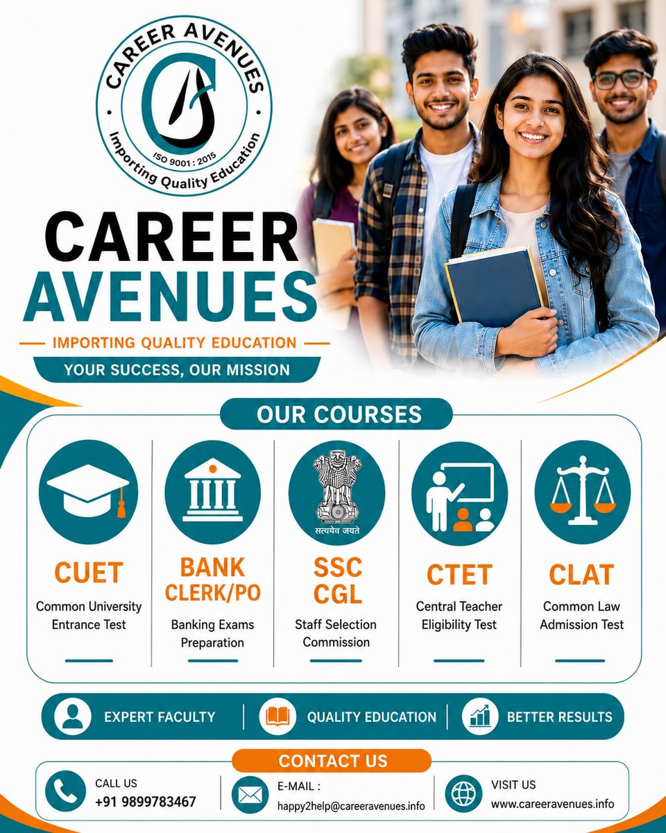 Career4Avenues's tweet photo. Prepare for success with Career Avenues!
Expert coaching for:
✅ CUET
✅ Bank PO/Clerk
✅ SSC CGL
✅ CTET
✅ CLAT
📞 +91 9899783467
🌐 https://t.co/Ev6vhYMKzi
Managed by- @grotechie
#CareerAvenues #CUET #SSC #CTET #CLAT #BankPO #CompetitiveExams #Education #CareerSuccess https://t.co/I98HqriSKr