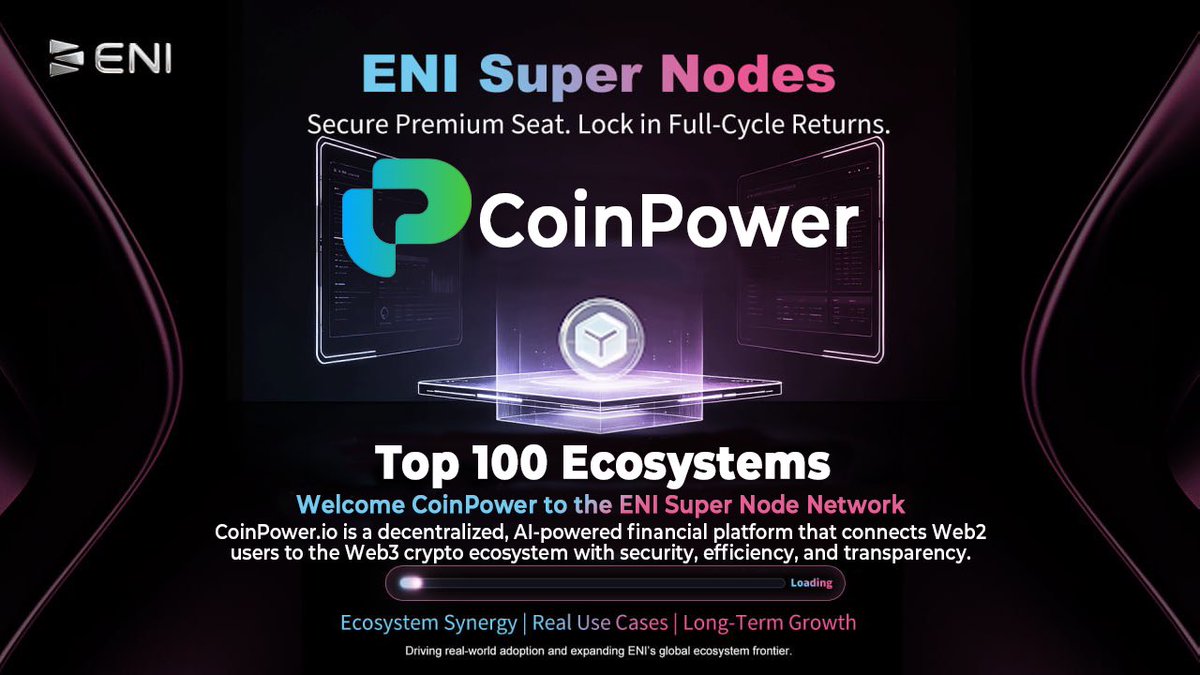 ENI__Official's tweet photo. 🚀 CoinPower officially becomes one of the ENI Super Nodes and joins the ENI Top 100 Ecosystems Program!

We are pleased to welcome @CoinPower_ to the ENI Super Node Network. Through long-term ecosystem collaboration and shared strategic vision, CoinPower is now part of the ENI Top 100 Ecosystems Program.

As a decentralized, AI-powered financial platform connecting Web2 users with the Web3 ecosystem, CoinPower is driving secure, transparent, and efficient digital finance experiences. Together, we’ll deepen collaboration across ecosystem applications, real-world use cases, and long-term network development.

Top-tier ecosystem forces are converging into ENI’s strongest consensus. 🔥 

#ENI #SuperNode #Web3