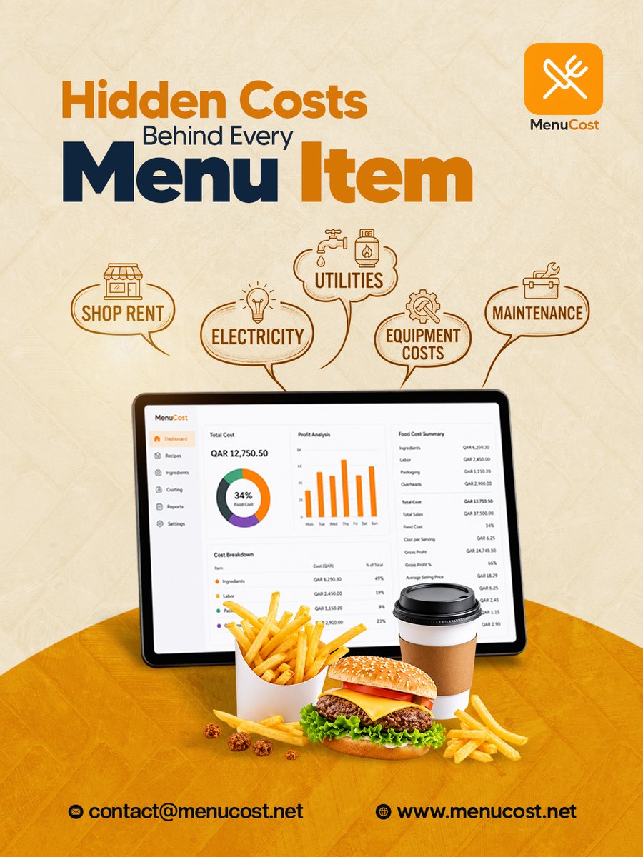 MenuCost_net's tweet photo. Ingredients are only one part of the food cost. Labor, packaging, utilities, equipment costs, maintenance, and rent all contribute to the true cost of every menu item.

#MenuCost #SaudiCafe #SaudiArabia #CafeManagement #RestaurantProfitability #FoodCosting #SaudiBusiness https://t.co/emP3eRu0CM