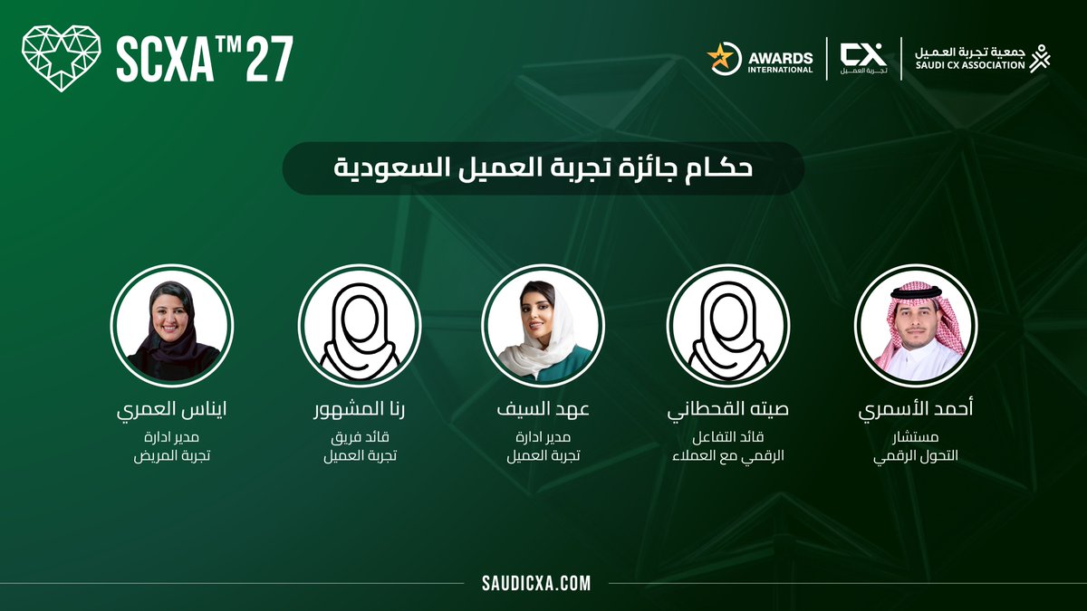 SaudiCXA's tweet photo. رحبوا معنا باللجنة التحكيمية للنسخة الرابعة من جائزة تجربة العميل السعودية:

🔶أحمد الأسمري
🔶صيته القحطاني
🔶عهد السيف
🔶رنا المشهور
🔶ايناس العمري

🚀لا تفوّتوا الفرصة وبادروا قبل انتهاء فترة التسجيل
 🌟سجل الآن (https://t.co/BClwIybel6)

نلهم ✨ | نكرم 🏆 | نرتقي 📈 https://t.co/k190Qf2iNR