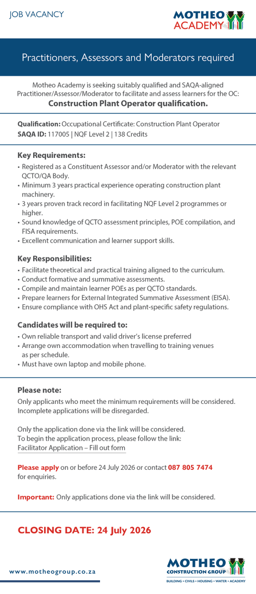 MotheoGroup's tweet photo. MOTHEO ACADEMY - VACANCY: PRACTITIONERS, ASSESSORS AND MODERATORS REQUIRED
Motheo Academy is seeking suitably qualified and SAQA-aligned Practitioner/Assessor/Moderator to facilitate and assess learners for the OC:
https://t.co/8x6TCrLO7Y
#trulyempowered 
#motheo
#beyondhousing https://t.co/5FEmi2quyq