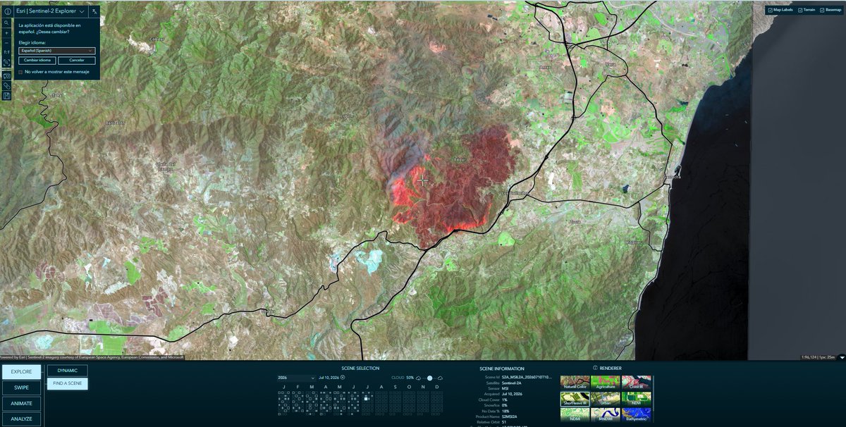 Esri_Spain's tweet photo. 📢🔥 La #tecnologíageoespacial y #GIS permiten monitorizar incendios activos en España con datos satelitales abiertos.
Copernicus confirma >50.000 ha quemadas (~40% UE).
🔎 Seguimiento en tiempo real: https://t.co/0HvJ1zMbun
#Incendios #EO https://t.co/sf6wpbPlWr