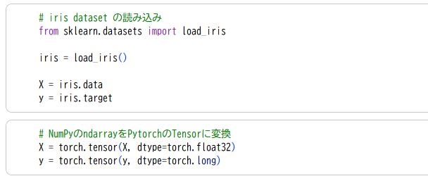 mgktaq's tweet photo. PyTorch学習

3クラスロジスティック回帰 iris dataset (その1)

多クラス分類に進みます

データセットの取得
テンソルに変換
使用する損失関数 CrossEntropyLoss はLong型(64ビット符号つき整数(int64)) を受け取るのでデータ型を変換しておきます https://t.co/rV9wrHhJf9