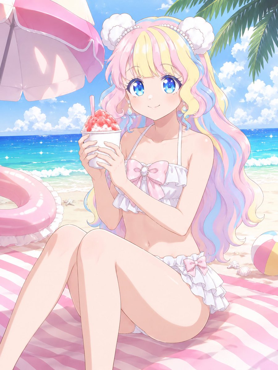 qm7ouEvgma98374's tweet photo. #画像だけで夏を感じさせる選手権
オリジナルマイキャラ化ミ◯キー様に、ビーチでかき氷を持ってくつろいで貰いました🤗

シロクマみたいな耳が可愛い🩷
今日はこの子ばかり💧
#AIillustration #ffith_works https://t.co/S8i7betBXx
