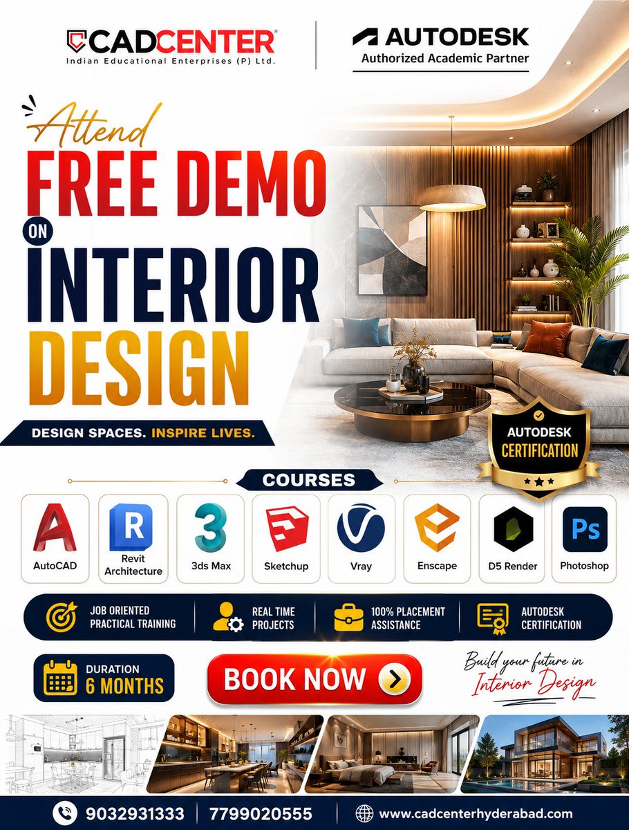 cadcenterhyd's tweet photo. Attend a FREE Demo on Interior Design at CAD Center Hyderabad
#InteriorDesign #AutoCAD #RevitArchitecture #SketchUp #3dsMax #VRay #Enscape #D5Render #Photoshop #AutodeskCertification #PlacementAssistance #DesignEducation #FreeDemoClass #Architecture #InteriorDesigner https://t.co/AtmUmZWVgn