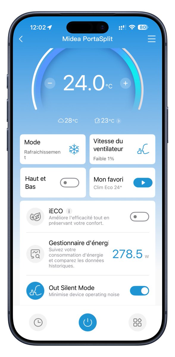 sergelotz's tweet photo. Une conso moyenne entre 200 et 350 watts par heure en mode silence température de consigne à 24 dans le salon vs 30 à l’extérieur, c’est du jamais vu chez moi avec mes précédentes climatiseurs mobile monoblocs. #Midea #PortaSplit #MideaPortaSplit #Climatiseurs #Clim #Canicule https://t.co/t7GguYX8Nh