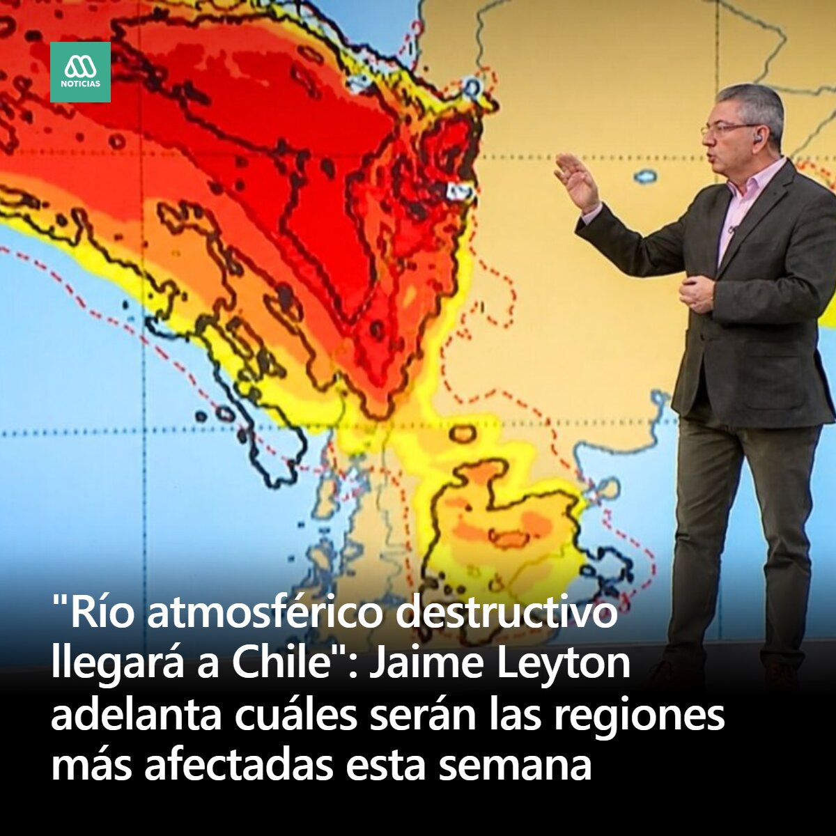 meganoticiascl's tweet photo. Jaime Leyton explicó que el sistema frontal que afectará a gran parte del país estará alimentado por un río atmosférico de las categorías más altas. Incluso comparó el escenario con los eventos que provocaron inundaciones durante 2023 y 2024. https://t.co/zSmLHoIExz