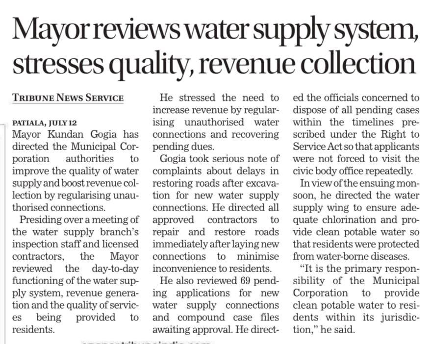 mc_patiala01's tweet photo. ๐ฐ Mayor Kundan Gogia reviewed Patialaโs water supply system, directing officials to ensure clean drinking water, improve service quality, regularise unauthorised connections, and strengthen revenue collection.
#Patiala #MCPatiala #WaterSupply https://t.co/Fi58IEW4lo