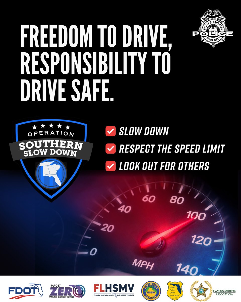 MiamiBeachPD's tweet photo. Your destination isn’t going anywhere. Slow down.
This week, #YourMBPD is participating in Operation Southern Slow Down, a regional traffic safety initiative focused on reducing speed-related crashes through high-visibility enforcement and public education.
Our officers will be actively enforcing traffic laws throughout Miami Beach. If you choose to speed, expect to be stopped.
Slow down. Obey the speed limit. Make safety your priority.
Together, we can prevent tragedies before they happen.