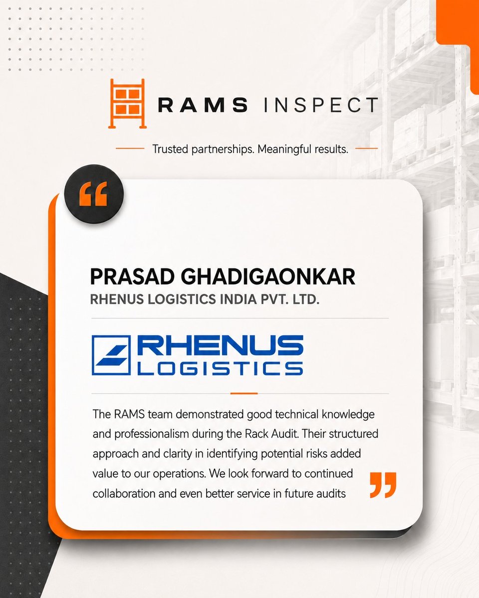 rams_inspect's tweet photo. Trusted partnerships. Meaningful results.
That’s what drives every rack inspection we deliver — helping clients improve safety, reduce risk, and operate with confidence.

#RAMSInspect #RackSafety #WarehouseInspection #SupplyChainSafety #LogisticsOperations #ClientFeedback https://t.co/fKzTTsVXQC