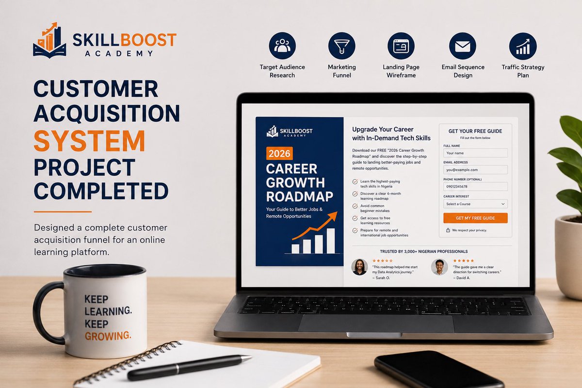big_sammy707's tweet photo. Completed a Customer Acquisition System project for a fictional e-learning brand, SkillBoost Academy! Built a full marketing funnel, landing page wireframe, lead magnet, 5-email nurture sequence, and traffic strategy. Gaining practical experience in email marketing. https://t.co/4wTeA21h71