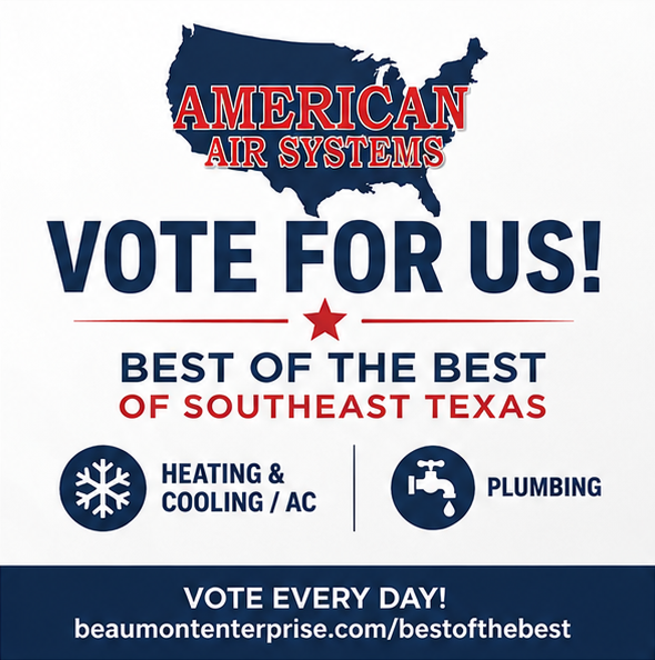 AmericanAirSys's tweet photo. LAST DAY TO VOTE!

Today is the final day to vote in the Beaumont Enterprise Best of the Best of Southeast Texas awards:
https://t.co/9r5NzgWP9G

#AmericanAirSystems #BestOfTheBestSETX #SoutheastTexas #HVAC #Plumbing https://t.co/r9N84J0fTQ