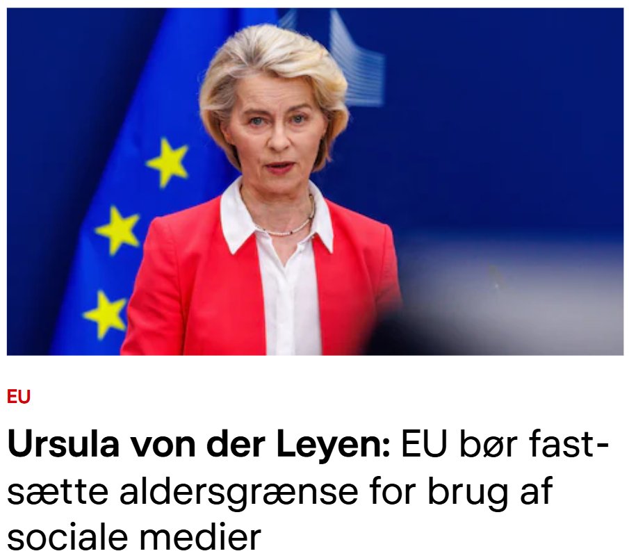 oresundsbaron's tweet photo. Ursula von der Leyen siger nu at EU bør fastsætte en aldersgrænse for brugen af sociale medier.

I praksis betyder det at alle skal bruge deres rigtige identitet til at bekræfte de er gamle nok.

De vil vide hvem du er, så de kan komme efter dig når du siger ting de ikke bryder sig om.

Endnu et skridt i retning mod den totalitære politistat 1984.