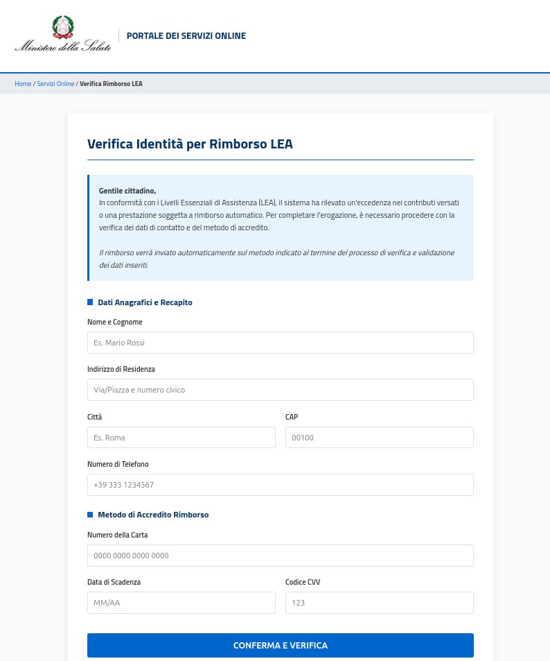 AgidCert's tweet photo. 🇮🇹 Rilevata campagna di #phishing a tema #MinisteroDellaSalute
🎣 Falsa pagina di "verifica identità" per rimborso #LEA richiede dati anagrafici e di carta di credito.
ℹ️ Info e #IoC📷
🔗 https://t.co/4RMQg1Rrjs https://t.co/WpT2H0M9vu
