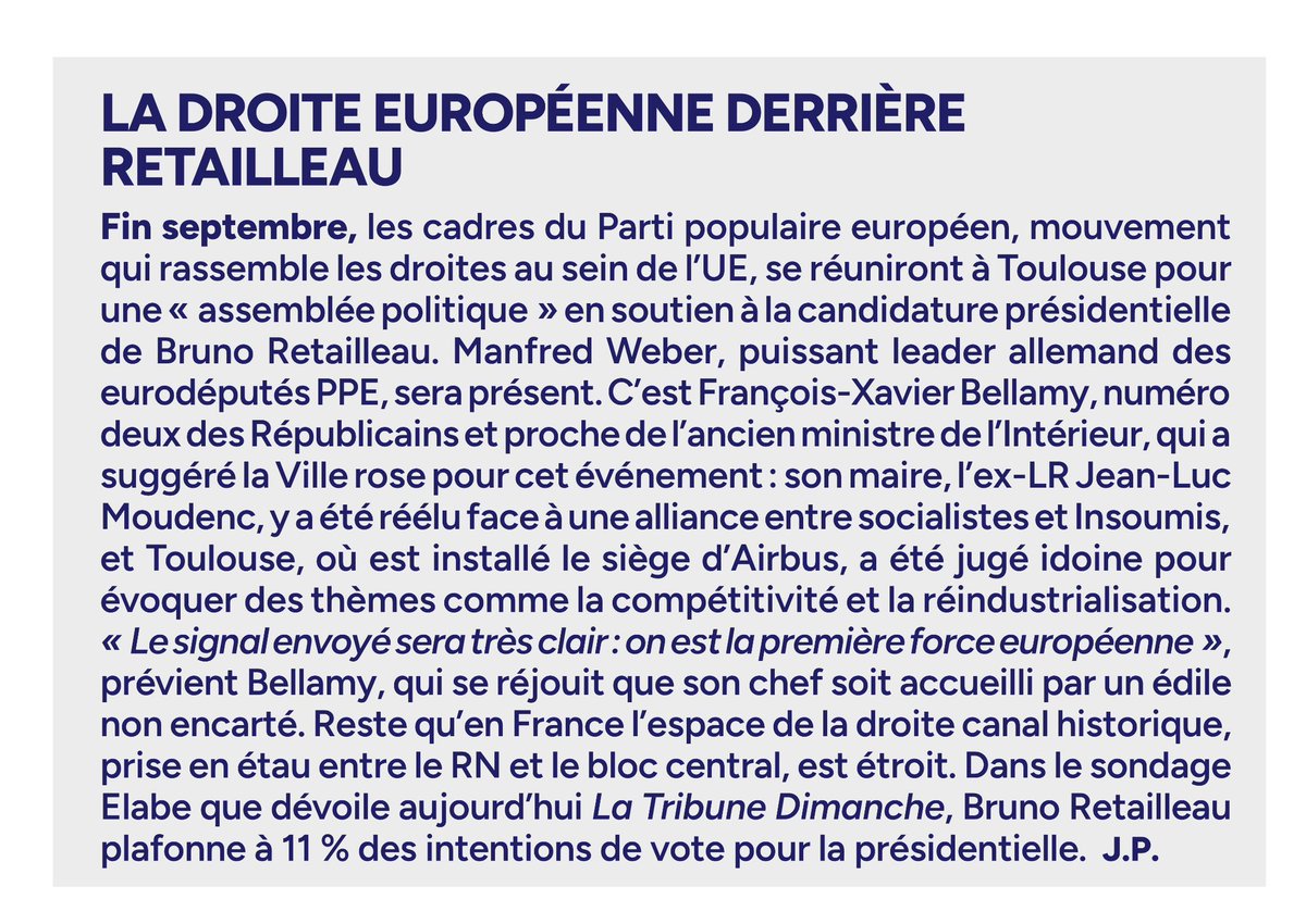 Retailleau_Actu's tweet photo. 🔴 INFO 2027 - La droite européenne derrière Bruno Retailleau 

Fin septembre, les cadres du Parti populaire européen @EPP, première force politique européenne, se réuniront à Toulouse pour une assemblée politique en soutien à la candidature présidentielle de @BrunoRetailleau. https://t.co/NqBmnd1KlG