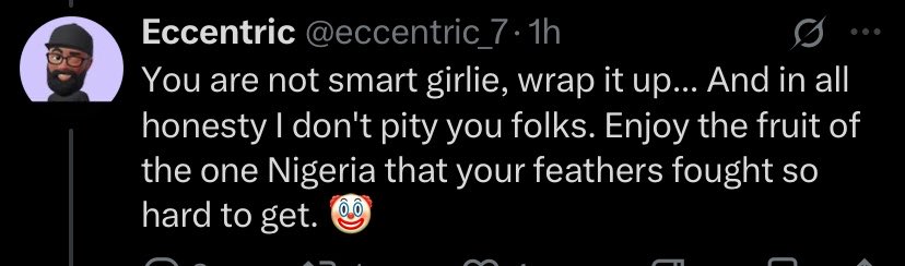 CatiaKyen's tweet photo. You post about Fulani terrorists attacking communities in your state, and before you know it, some foolish Mazis drag the conversation into a back-and-forth about civil war.

It’s now clear to me: these people aren’t interested in the victims or the insecurity. They’re simply waiting for any opportunity to show their true colours and gloat, using the civil war as their default justification.

Let’s all keep pretending that we actually care about human lives in this country o!