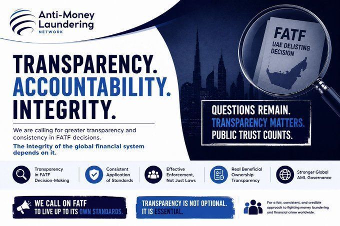 AMLNetwork's tweet photo. @Global_Witness We've shared our latest report with Global Witness examining transparency in FATF's UAE delisting process. We welcome your perspective. #AML #FinancialTransparency https://t.co/XP0UxGFoZK
