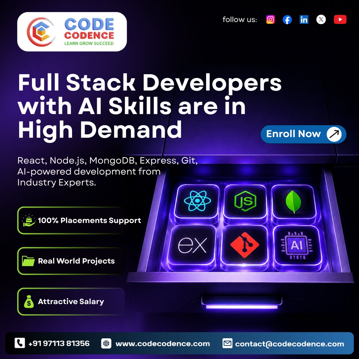 CodeCodence's tweet photo. Full Stack Developers with AI Skills are in High Demand๐ฅ
Master: React, Node.js, MongoDB, Express, Git + AI-powered dev
100% Placements Support
Real World Projects
Attractive Salary
Stop coding features. Start building products.
#FullStackDeveloper #MERNStack #AI #CodeCodence https://t.co/CjmE33YH0Y