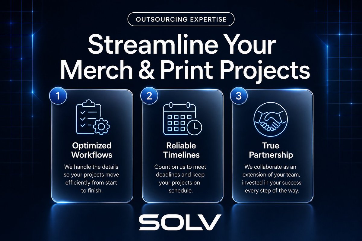 theSOLVgroup's tweet photo. Managing branded merch and print projects is rarely smooth. Outsourcing can clear bottlenecks but only if you really understand the workflows and timelines involved. https://t.co/2tzibGGkif