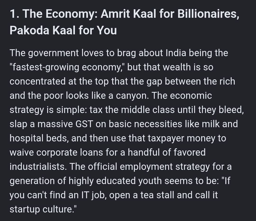 ImFightingFreak's tweet photo. The Indian government runs less like a modern democracy and more like a multi-billion-rupee corporate circus, where the clowns are untouchable, the ringmasters are corporate billionaires, and the audience pays a 18% GST just for the privilege of watching the tent burn down. https://t.co/ikV4ryC4Wp