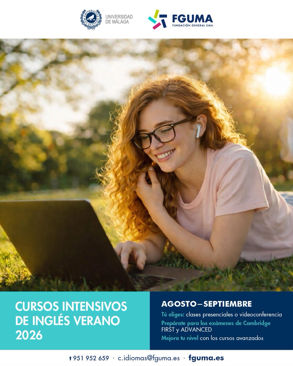InfoUMA's tweet photo. 🇬🇧☀️ ¡Mejora tu nivel de inglés este verano con el Centro de Idiomas de @fguma! Prepárate para los exámenes oficiales de Cambridge con una formación intensiva, práctica y adaptada a tus necesidades 📚✨

ℹ️ https://t.co/x1uUNjihjj
📲 951 952 659
📧 c.idiomas@fguma.es https://t.co/anVjFzN7pC