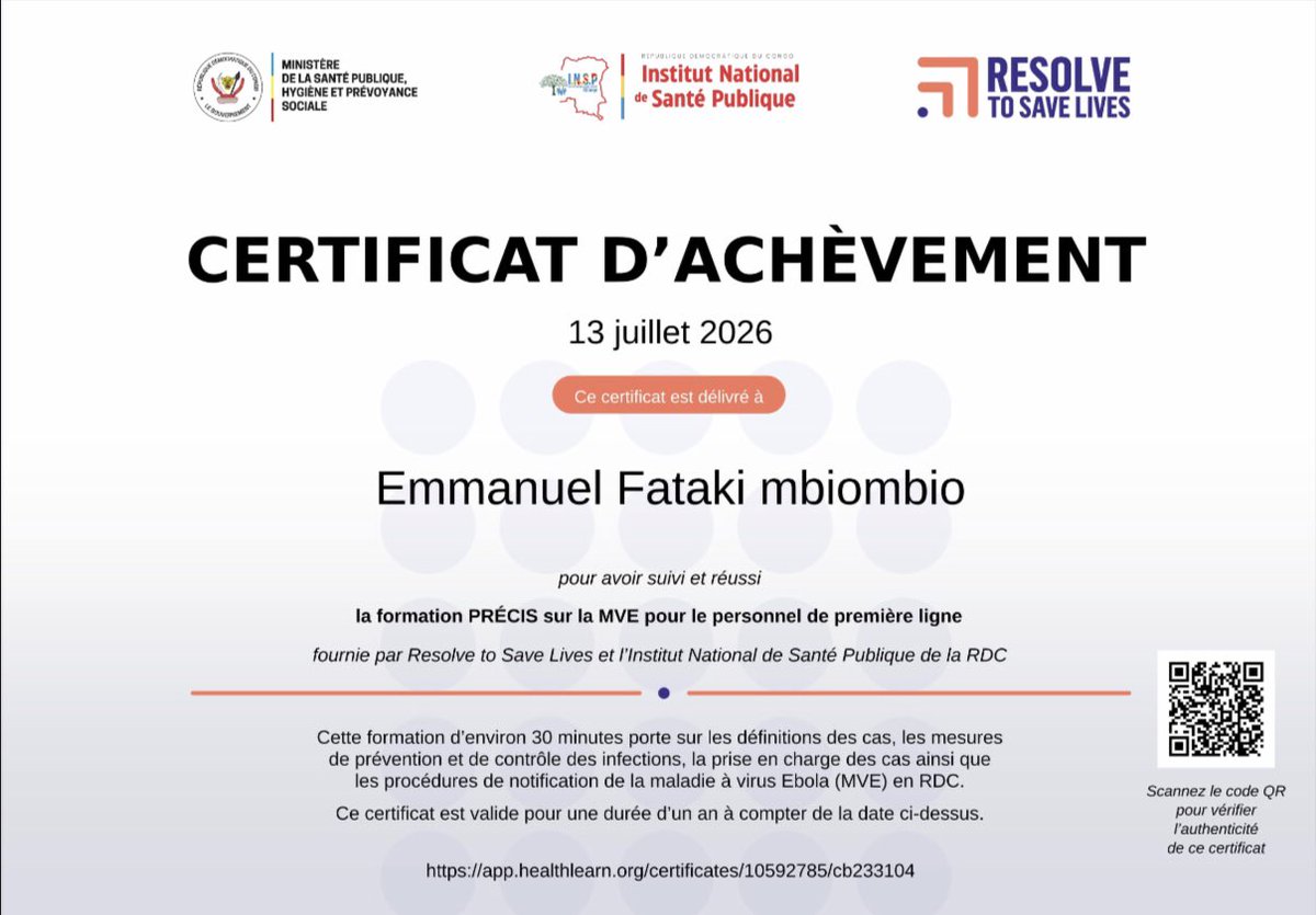 Ftkmmnl1's tweet photo. J’ai terminé avec succès La Formation PRÉCIS sur la Maladie à virus EBOLA (MVE)  pour le personnel de première ligne sur HealthLearn ! 

Voici mon certificat : https://t.co/KSu9Rel6Hm

AllEfmWriting…✍🏿
#prevention #Ebola #MVE #Ministeredelasante #healthlearn https://t.co/Zih9G1omwC