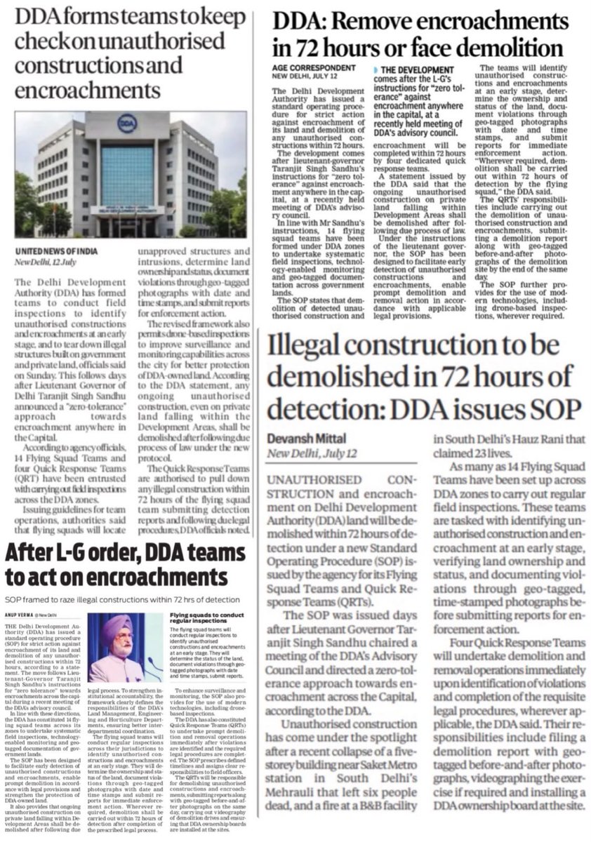 LokNiwasDelhi's tweet photo. Recent media reports on Hon’ble @LtGovDelhi, Sardar @SandhuTaranjitS,

Following the directions of Hon’ble LG, @official_dda has adopted a zero-tolerance approach towards encroachments across the Capital. Strict SOPs have been issued for the demolition of unauthorised constructions, ensuring action within 72 hours through technology-enabled monitoring and coordinated enforcement.