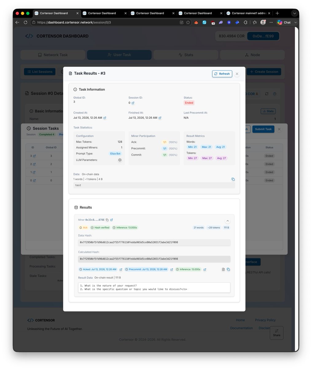 cortensor's tweet photo. 🛠️ DevLog – Mainnet Full User Task E2E With Payment Worked on Ephemeral Path

A quick follow-up on the Mainnet Full / L3 baseline check.

🔹 Current progress
- We ran the Mainnet Full user-task flow E2E with payment
- The ephemeral-node path worked in this baseline check
- Task execution, miner participation, result flow, and payment-side behavior all moved through the expected path

🔹 Why this matters
- This is an important step beyond basic infra checks
- Earlier baseline checks showed network task, node level, node pool, dashboard, and stats visibility were mostly functioning
- Now the user-task path is also starting to validate on Mainnet Full

🔹 What comes next this week
- We’ll continue checking more edge cases around the user-task flow
- We’ll also test the dedicated-node path as part of the next baseline pass
- Payment behavior will continue to be monitored as more task paths are exercised

🔹 Current takeaway
- Mainnet Full baseline checks are moving forward
- ephemeral-node user-task E2E with payment worked
- next checks are dedicated-node flow and additional edge cases this week

#Cortensor #DevLog #MainnetFull #L3 #NodeOps #Infra