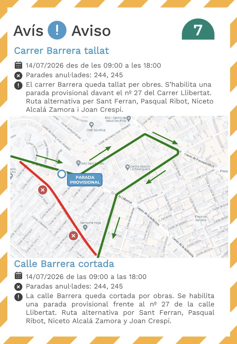 EMT_Palma's tweet photo. #AvisosEMT ⚠️ Dimarts dia 14/07 la línia 7 circularà desviada des de les 9h fins les 18h. Consulta els detalls! 👇🏼
-
⚠️ El martes 14/07 la línea 7 circulará desviada desde las 9h hasta las 18h. ¡Consulta los detalles! 👇🏼 https://t.co/4uM7SWLCE6