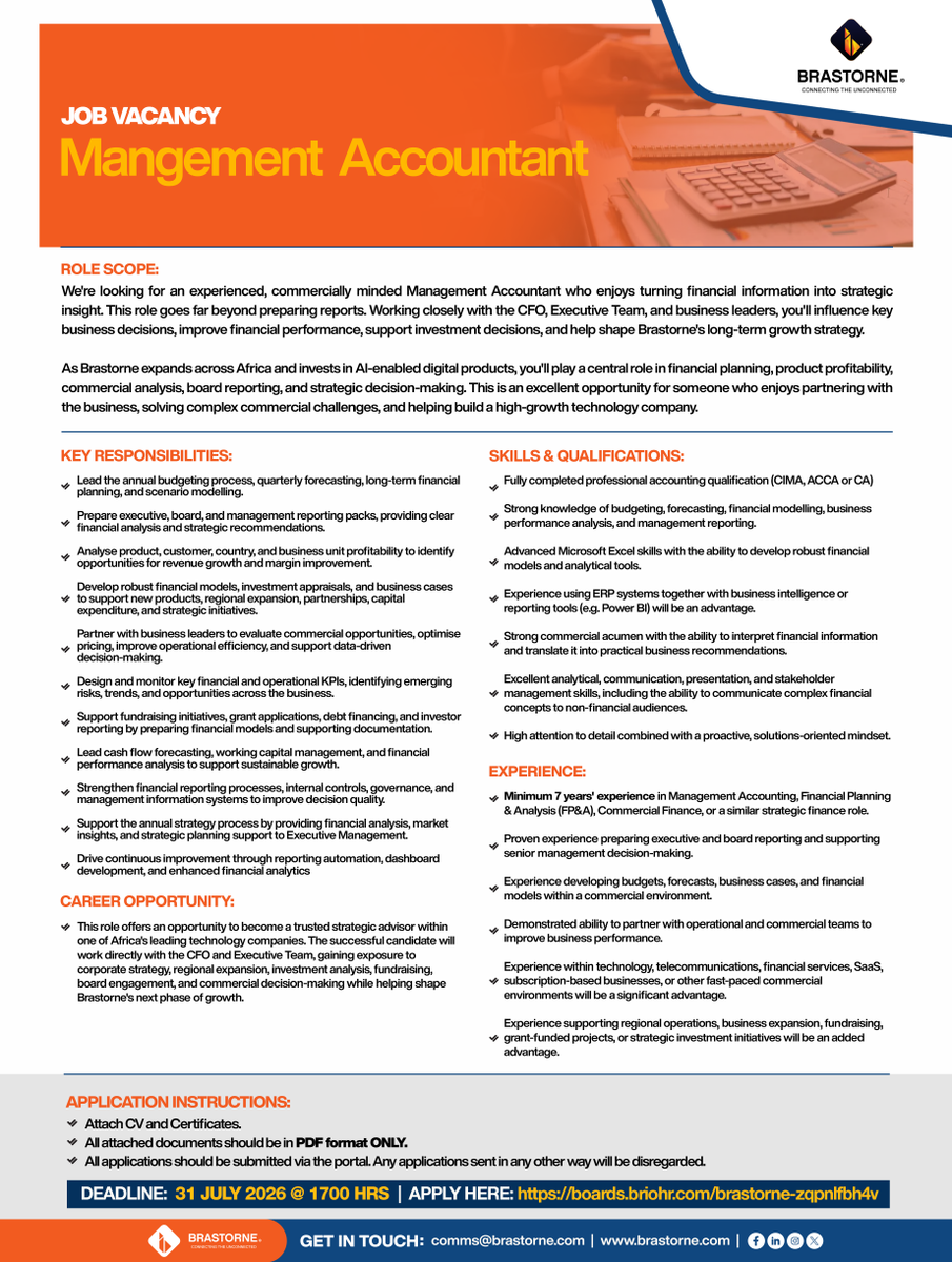 Brastorne_'s tweet photo. We're Hiring: Management Accountant

Ready to turn financial insight into business impact?

Apply via the Brastorne Recruitment Portal (applications submitted through any other channel will not be considered): https://t.co/rJY4XFHs96 https://t.co/96wWmoi5UM