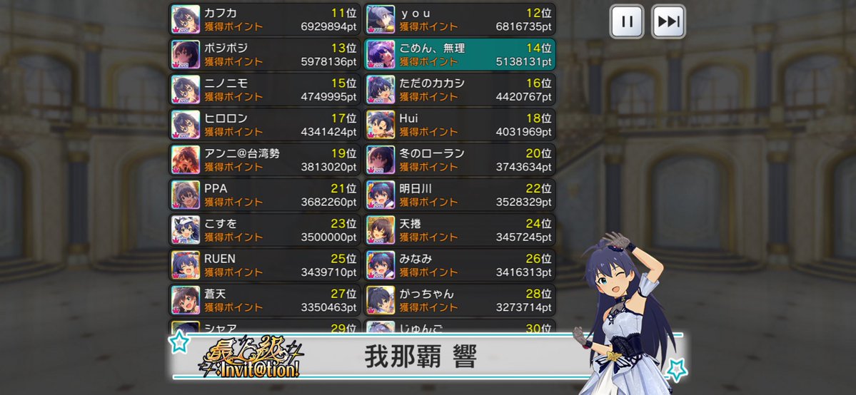 wasamongaP's tweet photo. 最上級：Invit@tion!
響14位！！！！！
初めて10傑挑戦してみたけど、難しすぎる！！！！！
目標にしてた去年の響10傑ボーダーは越えた！！！！！！
総合1000位にも入れた！！！！！
楽しかったー！！！！！
お疲れ様でした！！！！！ https://t.co/44qbEsEqin
