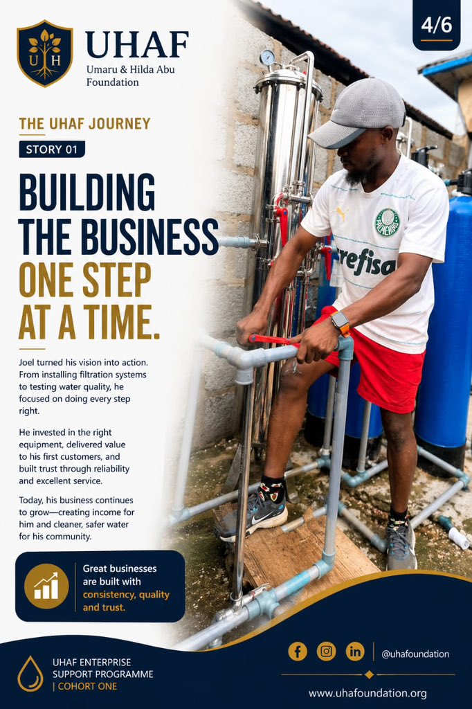 _UHAFoundation's tweet photo. Meet Joel, a Water Treatment Specialist from UHAF Cohort 1! With UHAF grant funding, he upgraded to professional tools, allowing him to successfully install a full sachet water factory. https://t.co/UC18tVnSKj