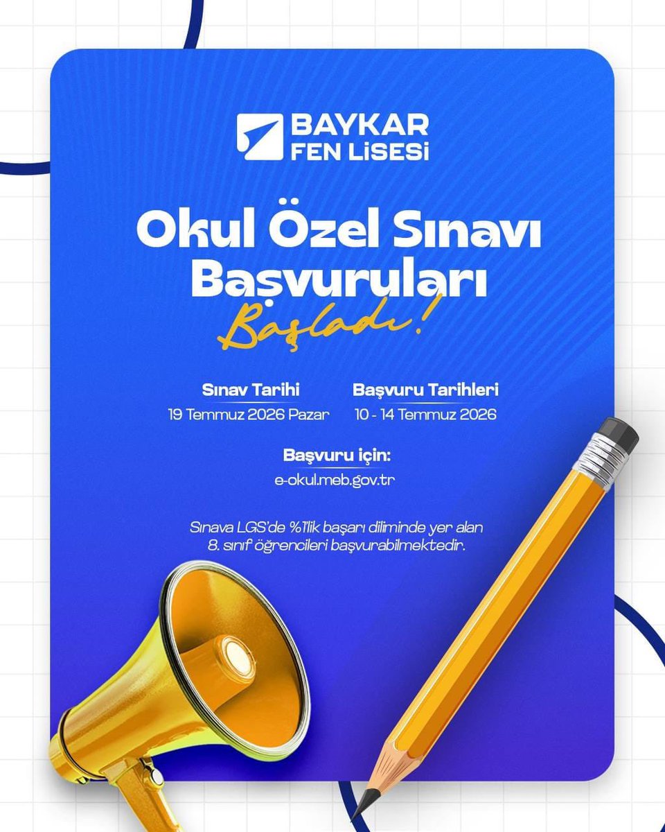 bursailmem16's tweet photo. 🎓 Baykar Fen Lisesi Okul Özel Sınavı Başvuruları Başladı!

Bilim ve teknoloji tutkunu gençler için düzenlenen Okul Özel Sınavı ile geleceğin teknoloji yolculuğuna ilk adımını at.

📌 Kimler başvurabilir?
LGS'de %1'lik başarı diliminde yer alan öğrenciler

📅 Başvuru Tarihleri: 10-14 Temmuz 2026
🔗 Başvuru: https://t.co/k9CJfNUWhb

🇹🇷 Milli Teknoloji Hamlesi'ne güç katan nesiller Baykar Fen Lisesi'nde yetişiyor.
🔗 Detaylı bilgi için: https://t.co/g2168ZLyVj

@tcmeb @Yusuf__Tekin @GurhanCokgezer #bursamem