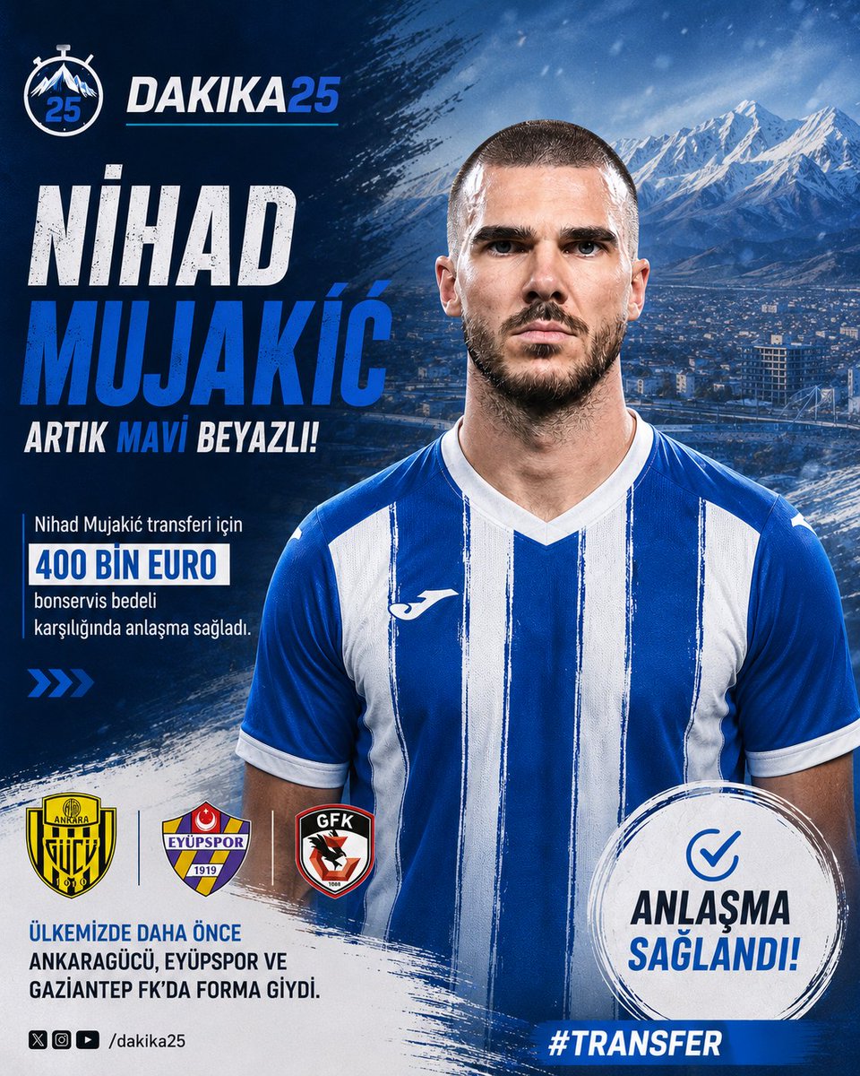 dakika25com's tweet photo. Erzurumspor FK, Nihad Mujakić transferi için 400 bin Euro bonservis bedeli karşılığında anlaşma sağladı.

Mujakic, ülkemizde Ankaragücü, Eyüpspor ve Gaziantep FK'da da forma giydi.
#Erzurumspor https://t.co/2HtJ8HXPcF