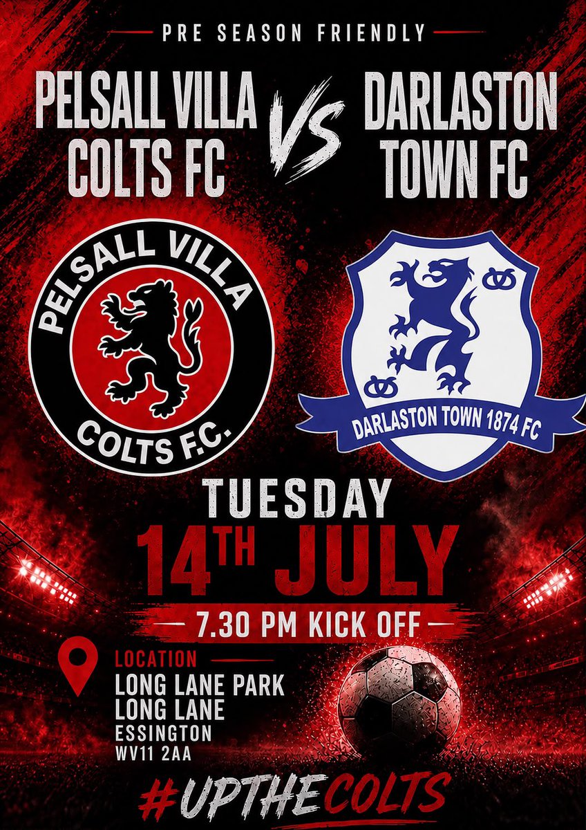 FcPelsall's tweet photo. Back at Long Lane tomorrow where we host Darlaston Town FC as the prep continues 💪⚽️

Another big test and opportunity for the lads to keep progressing during pre season ❤️🖤

#UpTheColts

🆚 @DarloTown1874FC
📍 Long Lane, Essington, WV11 2AA
🍺 Bar open
🕒 7:30pm
🎟️ £2 entry https://t.co/lc0EEy5ymM