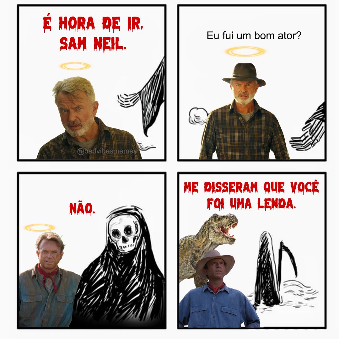 BadVibesMemes's tweet photo. Hoje dos despedimos de Sam Neil, nosso eterno Dr Alan Grant em Jurassic Park, aos 78 anos. Obrigado por tudo, lenda 🙏🦖 https://t.co/qIjx3k1c9j