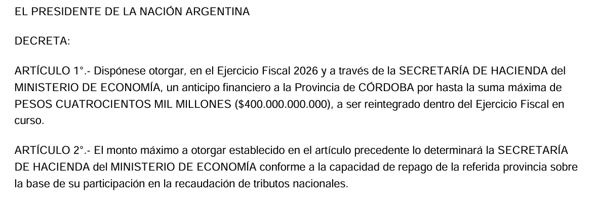 guielopez's tweet photo. #BON #Fondos #Milei #Llaryora
El gobierno nacional envió un anticipo financiero a la Provincia de Córdoba por $400.000 millones.
La tasa del préstamo es del 15% anual (mitad de la inflación esperada para 2026) https://t.co/41ThI39z31