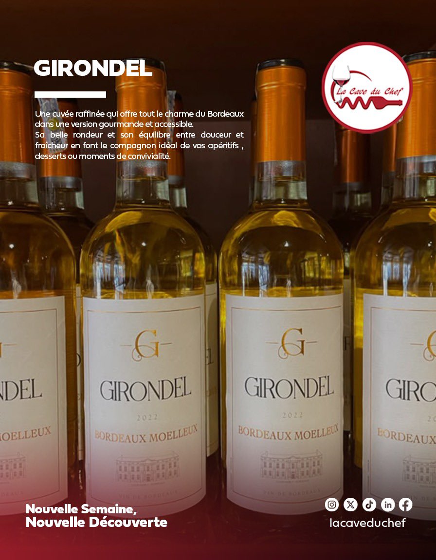 lacaveduchef's tweet photo. 🍷Laissez-vous séduire par Girondelle
Bordeaux Moelleux, un vin élégant aux délicates notes de fruits blancs, de pêche et de miel. 

Bon début de semaine ! ✨ https://t.co/Bx4lGpwO4N
