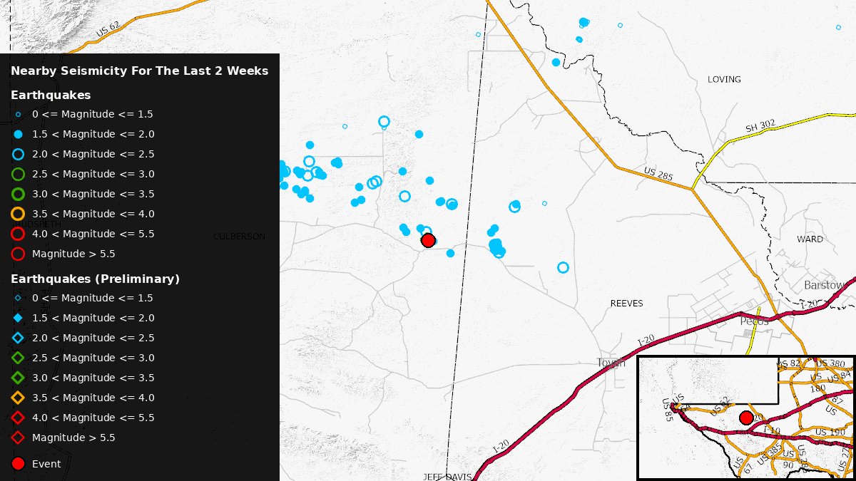 TexNetQuake's tweet photo. 🚨#TexNet - Updated Info for M >= 3 Seismic Events in Texas🚨
Date: 2026-07-13 10:16:23 UTC
⏱️Local time: 2026-07-13  05:16:23
Mag: 3.2
Loc: Culberson County
Status: Preliminary
📄More info: https://t.co/S2Mm5eFvRi
#Earthquake #EarthquakeAlert #TXQuake https://t.co/FWlFZrVkN7