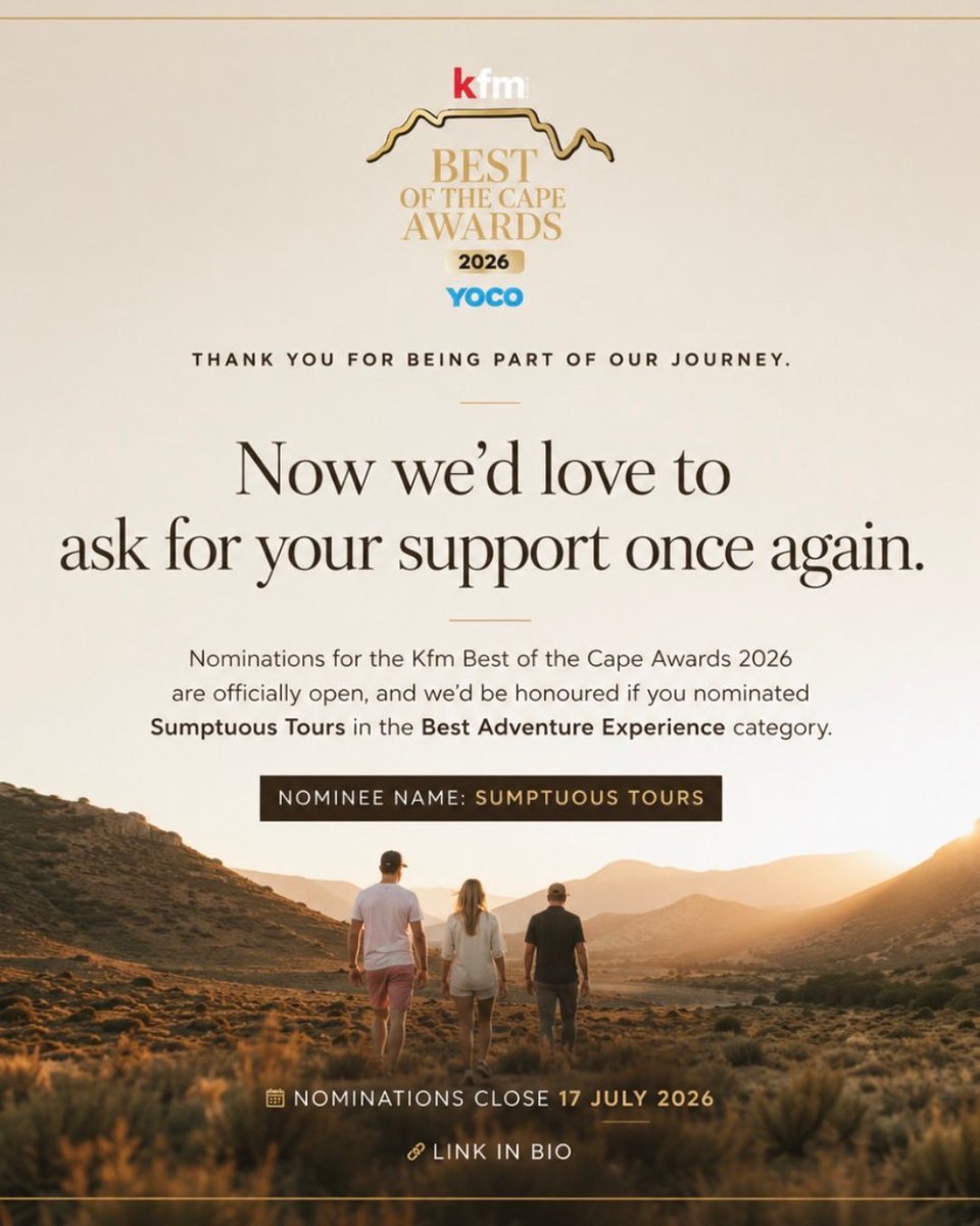 sumptuoustours's tweet photo. We'd love to ask for your support once again.

Nominations for the Kfm Best of the Cape Awards 2026 are officially open. If you've enjoyed travelling with us, we'd be honoured if you nominated Sumptuous Tours in the Best Adventure Experience category.

🔗 https://t.co/UmLrHALHz6 https://t.co/IHUFVbP15B