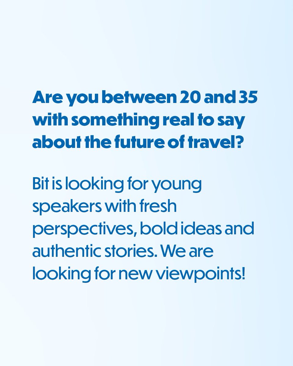 bitmilano's tweet photo. Are you between 20 and 35 with something real to say about travel? Bit is looking for bold voices, fresh perspectives and authentic stories.
Step on the stage at #Bit27!
The future of tourism begins with you.

✉️ Send your application to: bit.comunicazione@fieramilano.it

#Bit27 https://t.co/LAjreS2IZD